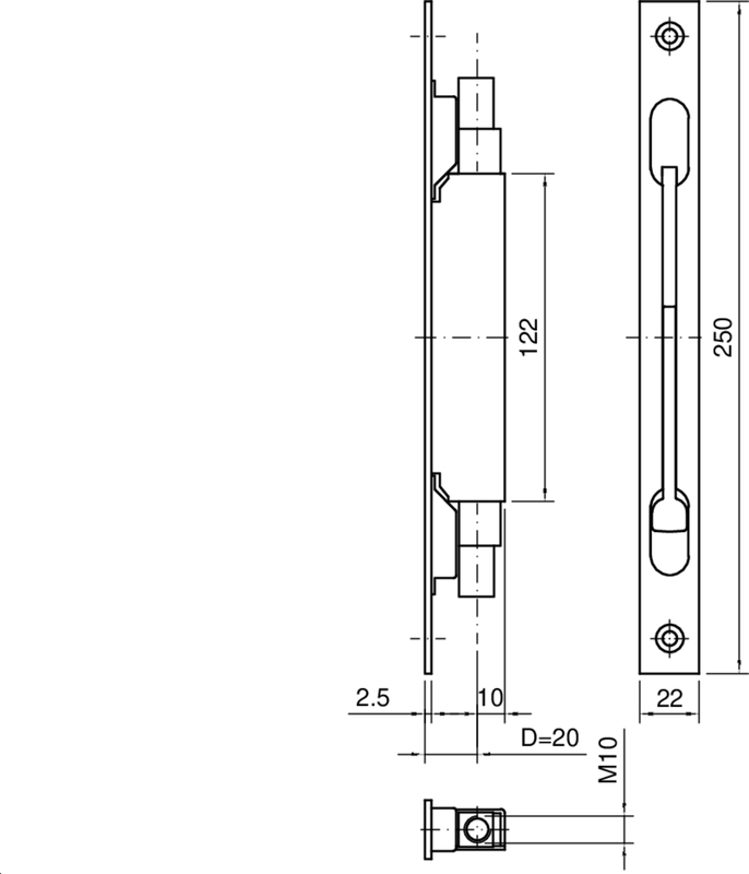 Türdriegel, Türplattenverschluss, Schlossmechanismus, Maße 250, Türbolzen