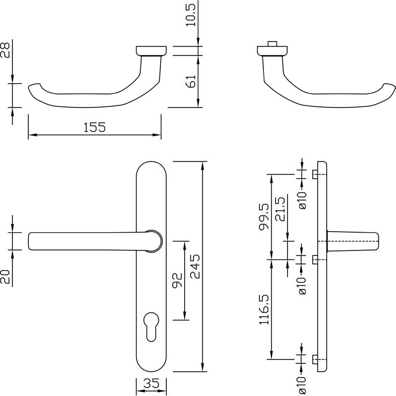 Türdriegel, Türgriff, Schild, PZ-Lockenhalter, Rohrgriff