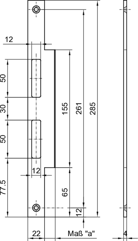 Türdriegel, Stumpfschloss, Maßzeichnung, Befestigung, Bolt-Track