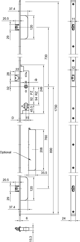 door latch, mortise lock, metallische hardware, installationsplan, abmessungen