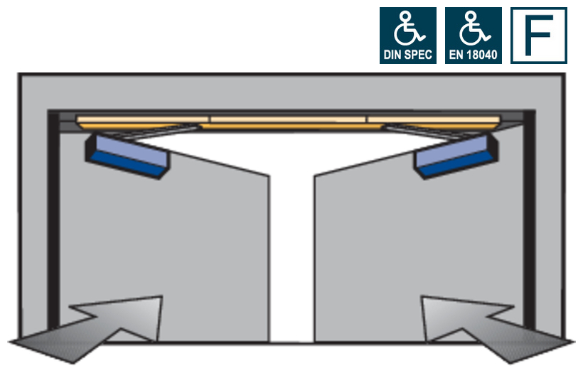 Rollstuhlrampe, Barrierefreiheit, Doppelflügeltür, Schwenkbares Türsystem, Gurtband