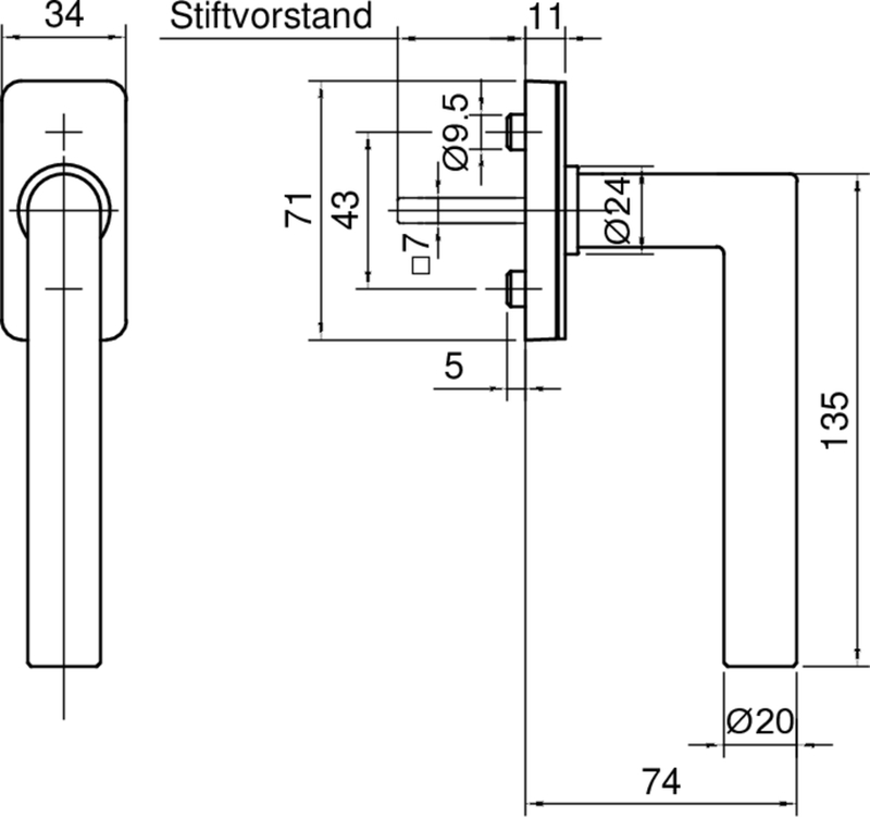 Türgriff, Türdrücker, Stiftvorstand, Metall, rund