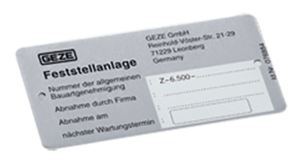 GEZE Zulassungsschild Feststellanlagen Text, Visitenkarte, Papier, Text, Text, Papier,