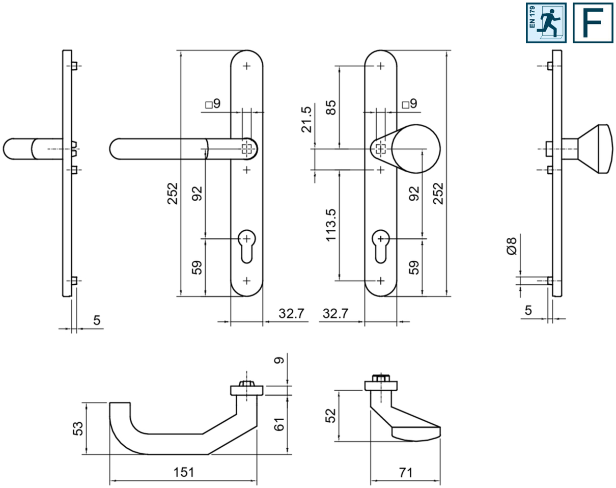 Türdrücker, Langschild, Fluchttürbeschlag, Profilzylinder-Lochung