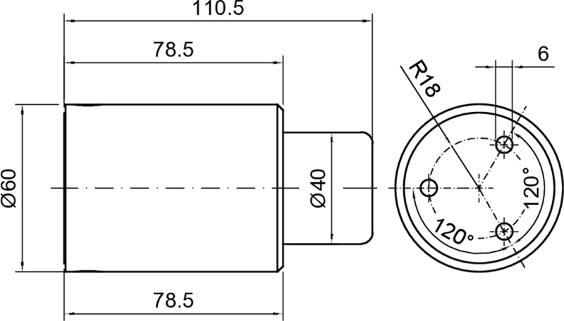 Zylinder, Abmessungen, Durchmesser 60mm, Bohrung 40mm, 120° Anordnung