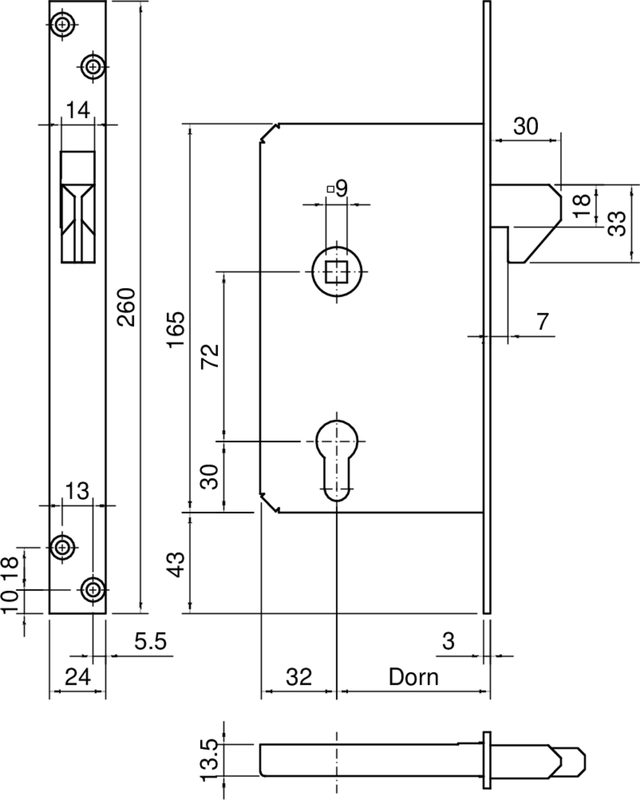 Hakenfallenschloss BKS B 381 D65 F3x24x260,L/R verz. Entf.=72, 4kt. 9mm Schaubild, Schaubild,