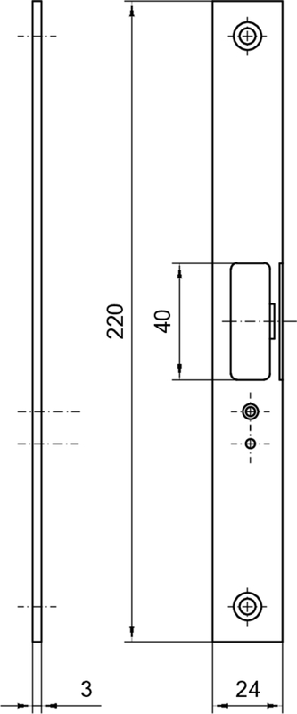 Türriegel, mechanischer Riegel, rechteckige Platte, Schraublöcher, Abmessungen 220x24x3