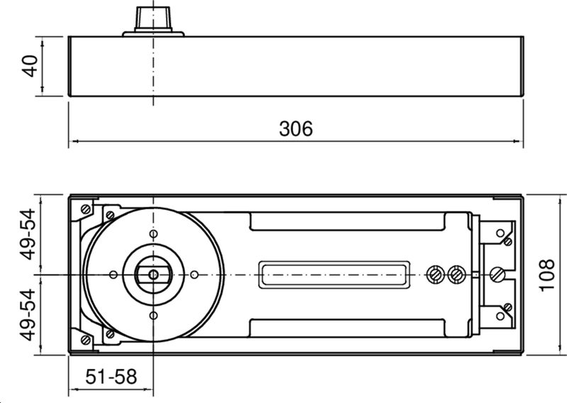 Mechanischer Anschluss, linearer Aktuator, Montageplatte, Abmessungen 306x49-54, kleine zylindrische Komponente