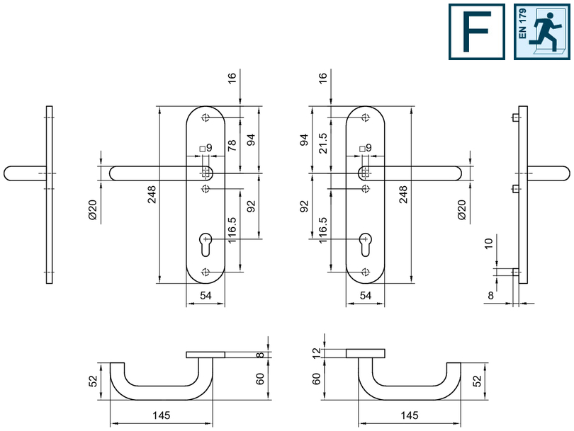 Türgriff, Schutzrosette, Riegelgriff, Stahl, Sicherheitsrosetten