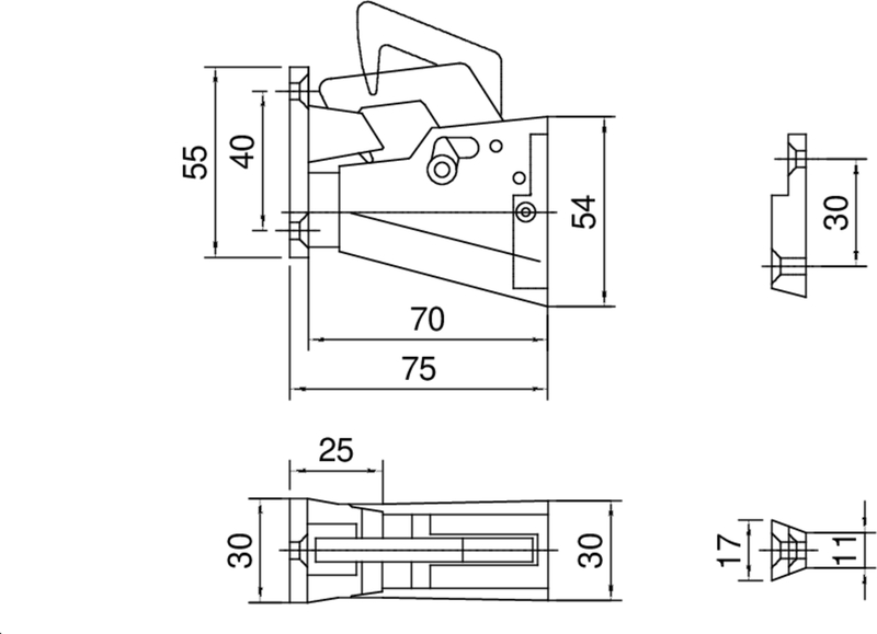 Klemmhalter, Technisches Zeichnungsbild, Maße, Metall, Clips/lasche