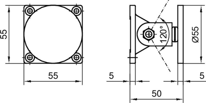 Viertelkreis, runder Stecker, Flansch, Montagebohrungen, 55mm