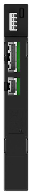 industrial connector, DB-style plug, metal prongs, black housing, green seal