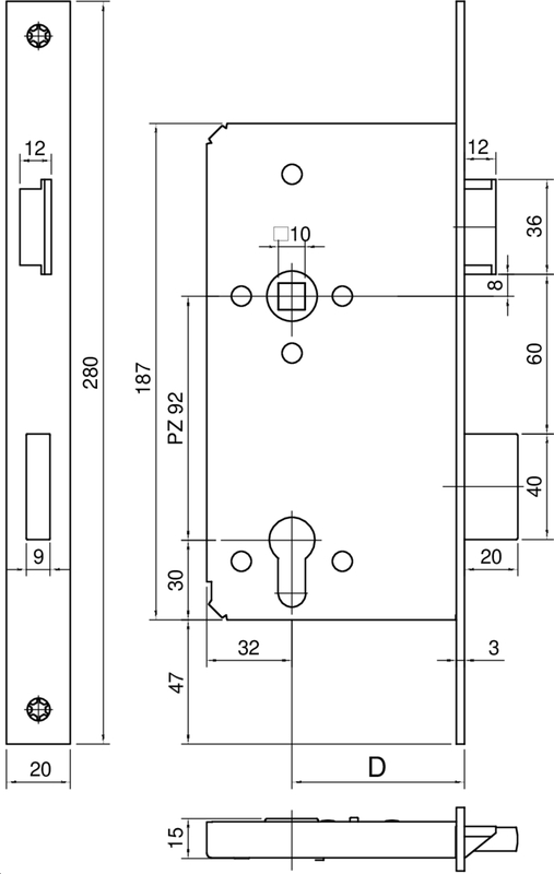 Haustüreinsteckschloss KFV, Stulp kantig D65, F3x24x280, PZ=92, R, silber lack. Schaubild, Schaubild,