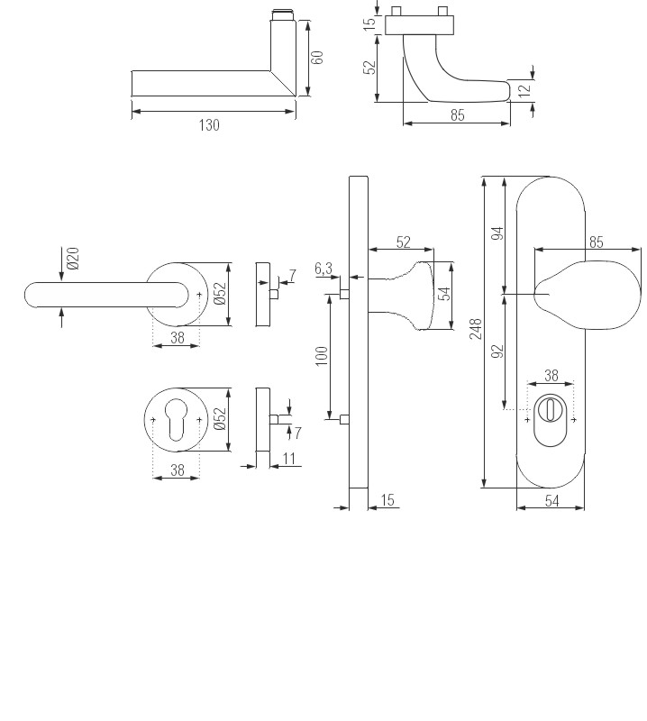 Türgriff, Türdrücker, Schlosszylinder, Länge 130mm, Montageplatte