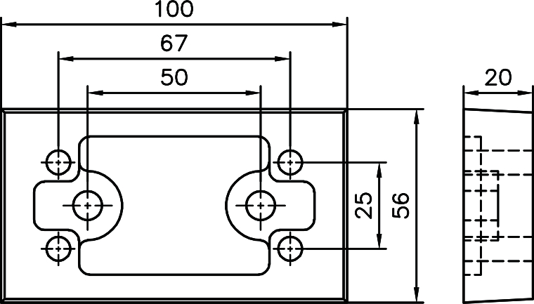 dimensionen, montageplatte, rechteckige platte, schraubent holes, technische zeichnung