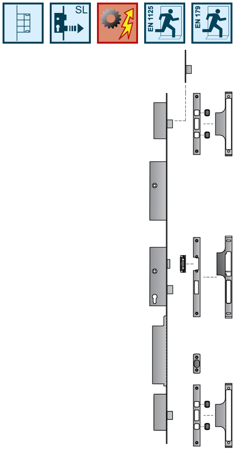 Panikschloss, Mehrfachverriegelung, Fluchttürbeschlag, Türschloss, Technische Zeichnung