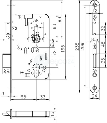 FT-Schloss BKS B 2320-ESC-1 Fkt.B D65 F3x24x235,L/R Entf.=72