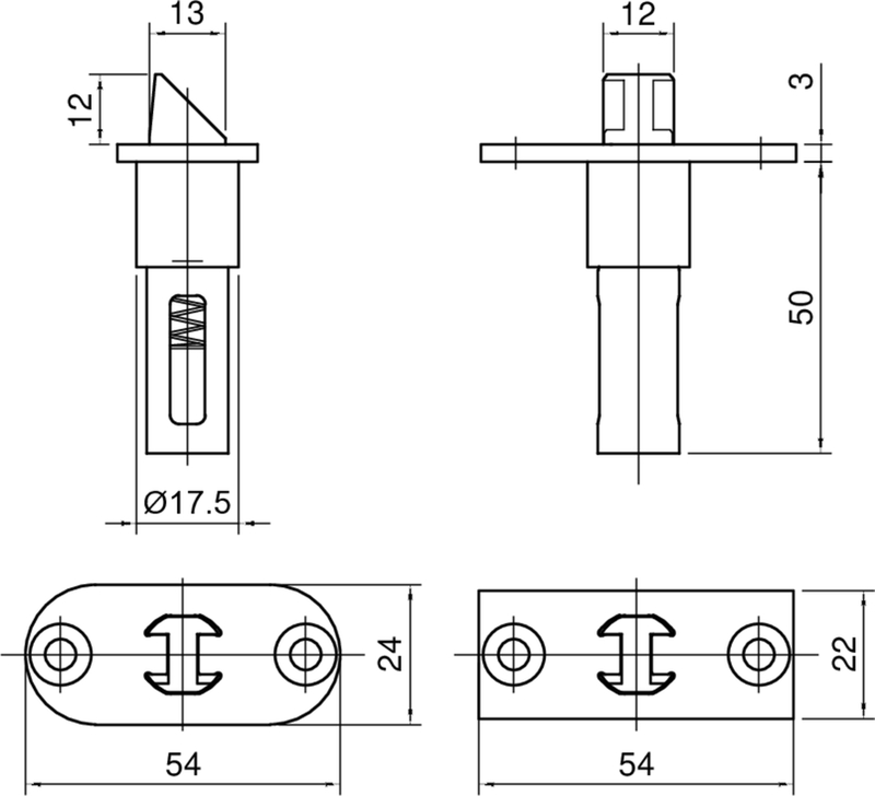 Push-to-open, Beschlag, Verschluss, Metallstift, Abmessungen 54x24