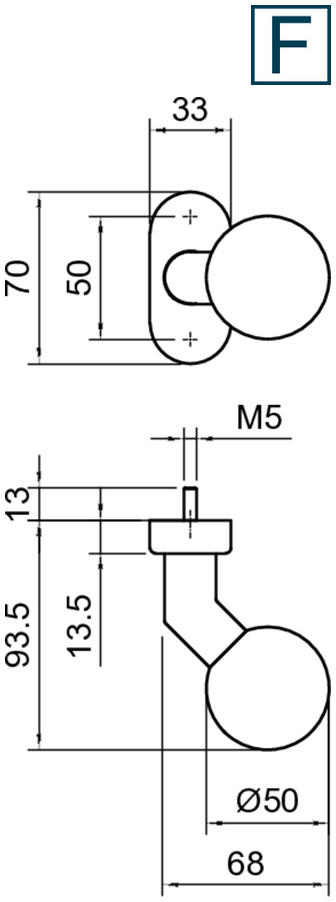 Türknauf, Griff, Griffknopf, Montageplatte, M5