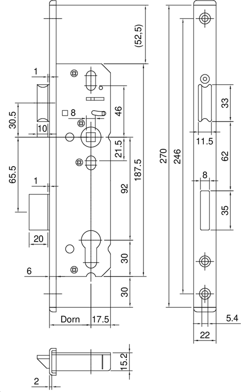 mechanischer schloss,  Türschnapp,  Schlossaustausch,  technische zeichnung,  abmessungen 270mm