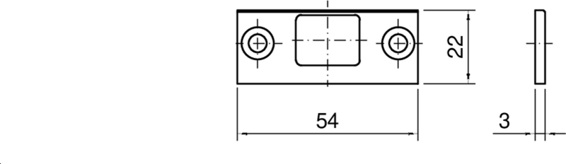 Platemontage, rechteckige Platte, Schraubenloch, Zentralvertiefung, Abmessungen 54x22x3