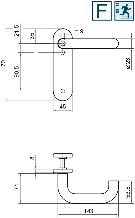 Türgriff, Hebel, Metall, U-förmig, Abmessungen