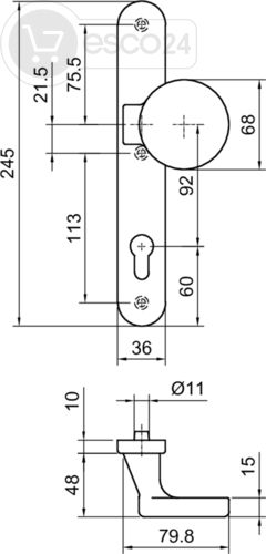 esco BASIC Türknopf 0734 Langschild außen, PZ 92, Alu EV1