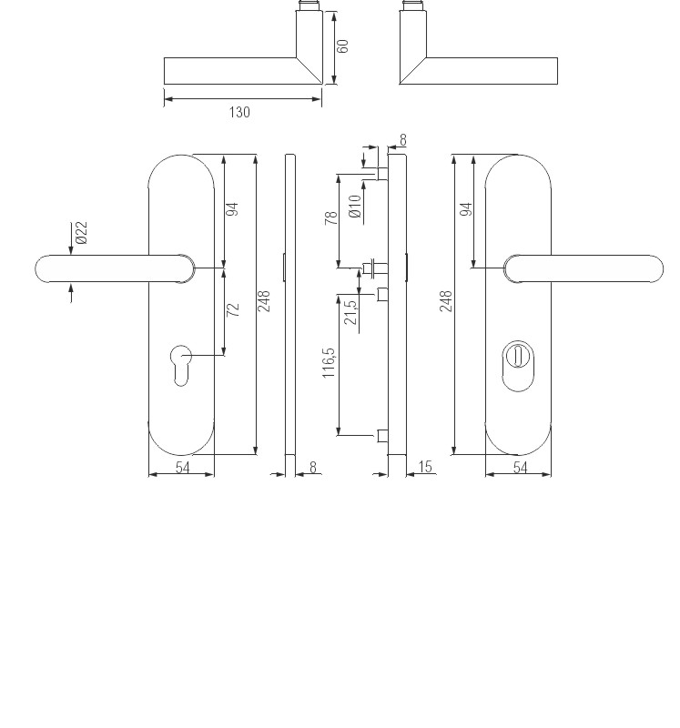 Türgriff, Türgriff-Set, Schlossrosette, Länge 246mm, Riegelrosette