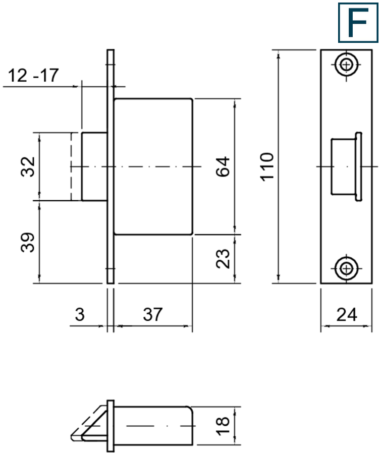 Türdriegel, Schrankverschluss, Metallteil, Maße 110, Vorderplate
