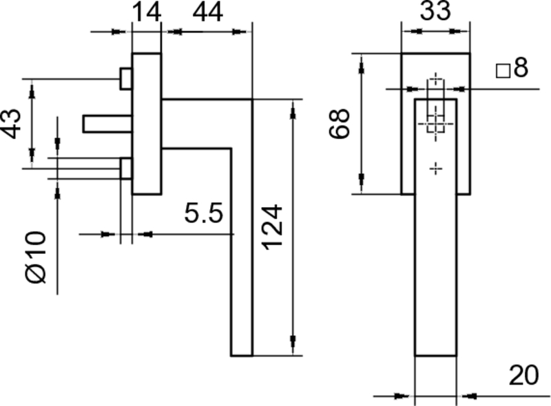 Türgriff, Hebel, Stange, Abmessungen, Schematisch