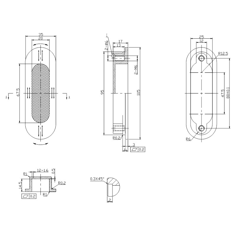 mechanical drawing, technische Zeichnung, Teilzeichnung, Abmessungen, Bohrungsmuster