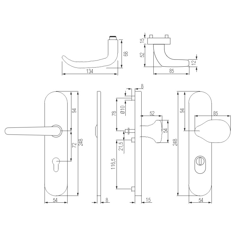 Türgriff, Türbeschlag, Schloss, Knauf, Länge 94mm