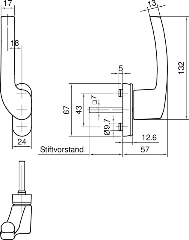 Haken, Griff, Zeichnung, Abmessungen, Metallteil