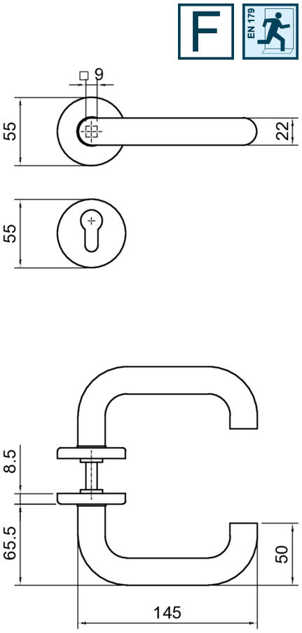 Türgriff, Griffhebel, Rundrosette, Schlüsselloch, Metallbeschlag