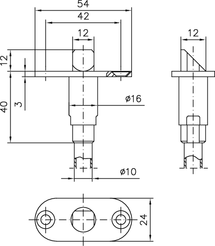 mechanisches Bauteil, Befestigungsfuge, Bohrerachse, gewinde Stift, Abmessungen 54x24