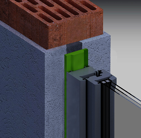 concrete block, rebar grill, green insulation, metal channel, cables