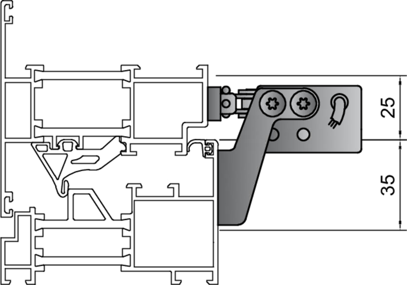 Fensterbeschlag, Klingendran|Scharnier, Metallteil, Aluminiumprofil, Montagehalter