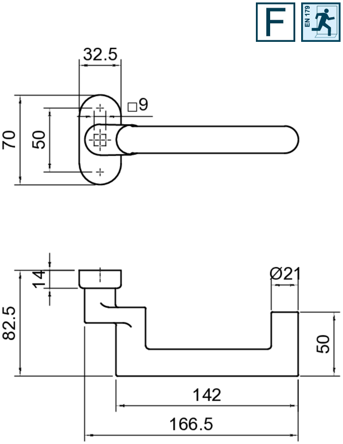Türklinke, Türdrücker, Griff, Montageplatte, Maße 166.5mm