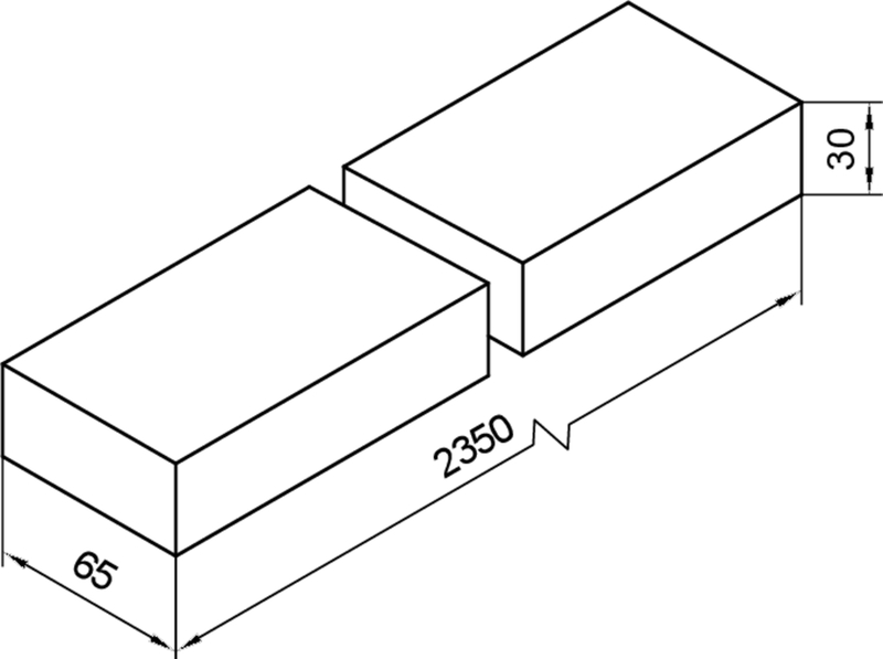 Würfelform, Rechteckbox, Maße 65x2350x30, zweiteiliges Blockelement, Kantenlänge 65
