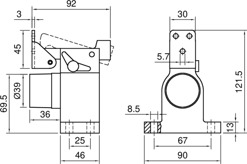 Woelm Türfeststeller Typ 1010 m. Fanghaken m. Gummipuffer, max. 100 kg, silberfarben Schaubild, CAD-Diagramm, Schaubild, CAD-Diagramm,