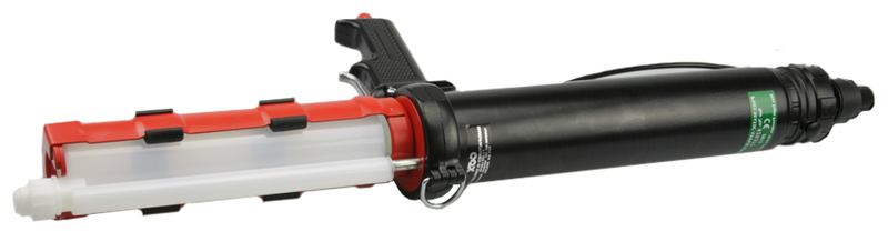 caulking gun, pistol grip, polymer tube, red tip, plunger rod