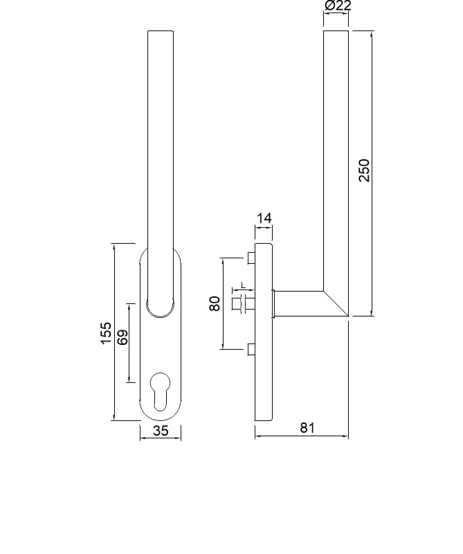 Türgriff, Türdrücker, Schlossrohr, Schwarz-weiß Zeichnung, Montagehöhe 250mm