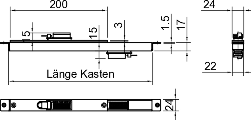 Länge Kasten, Klemmleiste, Streckmaß, Schlitzführung, Montageplatte