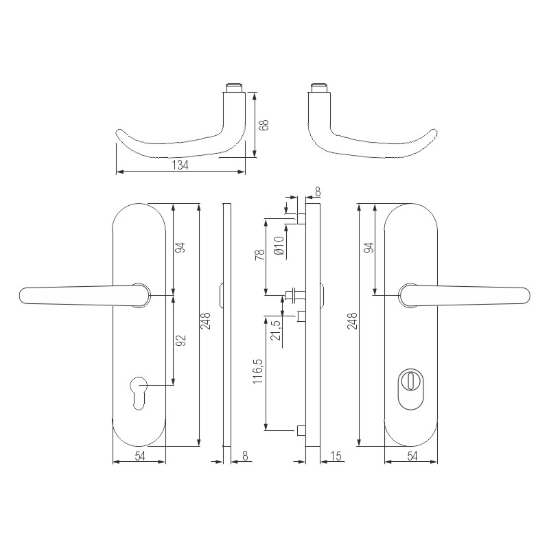 Türdriegel, Türgriff, Türschloss, Sicherheitsbeschlag, Maße 248mm