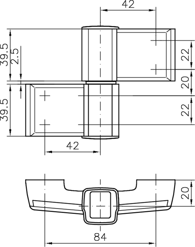 T-Bügelriegel, Türband, quadratischer Knopf, Technische Zeichnung, Metallbeschlag