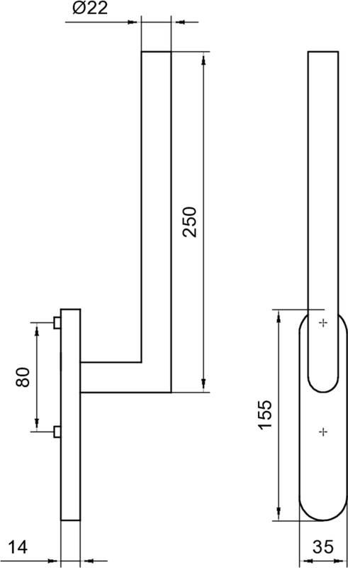dimensioned, metall, L-form, wandmontiert, technische Zeichnung
