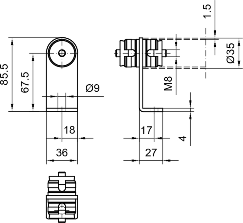 mechanical part, technische Zeichnung, Abmessungen, Durchmesser 9, M8 Gewinde