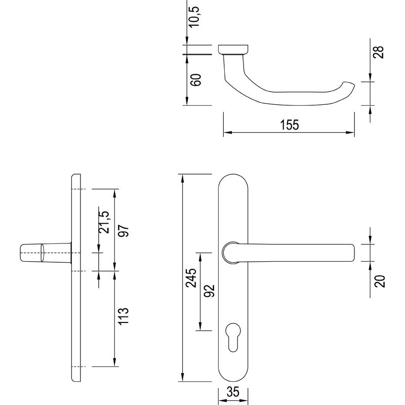 Türgriff, Türdrücker, Schlossplatte, Riegelplatte, Maße 245 mm