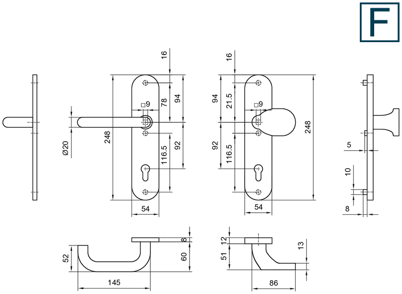 Türdriegel, Griff, Schlossplatte, Laufmetall, Montageplatte