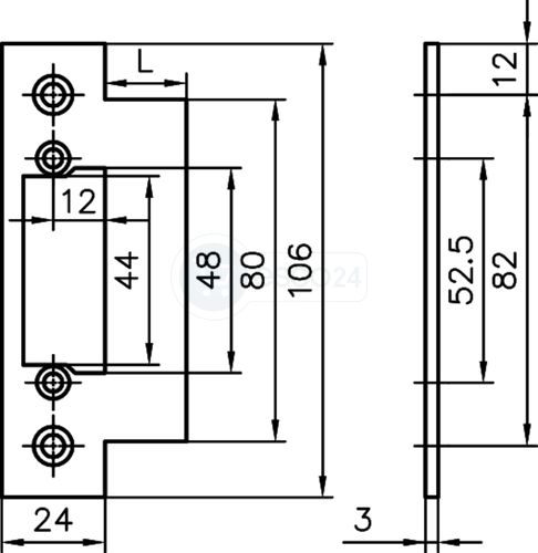 systeQ-Lappenschließblech für E-Öffner zu 4687,Pro2,F3x24x106,Lapp24mm,L/R,Niro